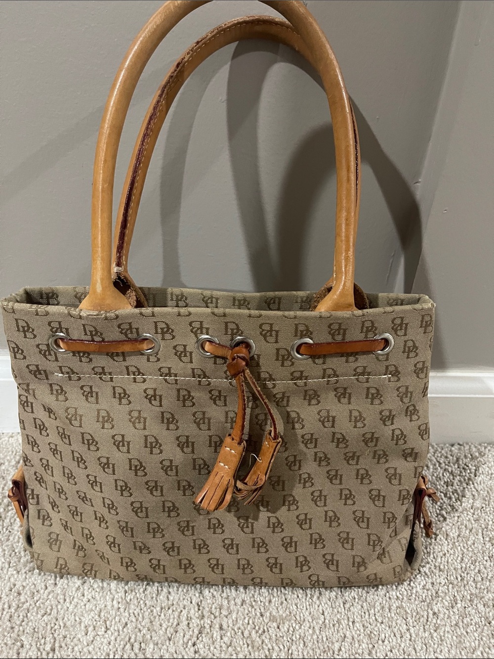 Dooney & Bourke Tan Logo-Print Tote with Leather Trim 12x8